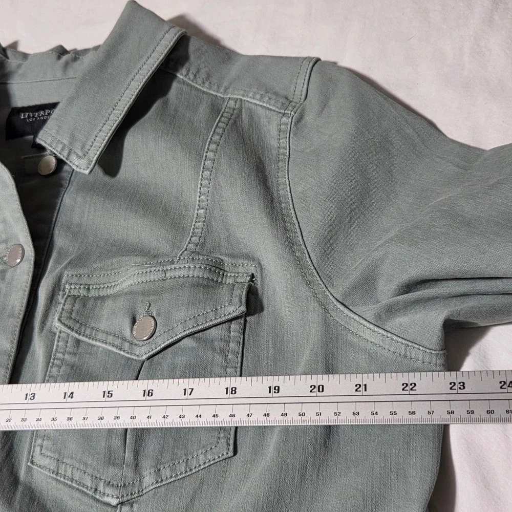 Liverpool Los Angeles Sage Green High Low Stretch Denim Jacket 1X